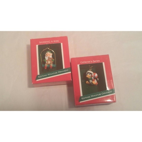 Hallmark Miniature Ornaments PENGUIN PAL and Sharing A Ride Both 1989 Vtg - Picture 1 of 3